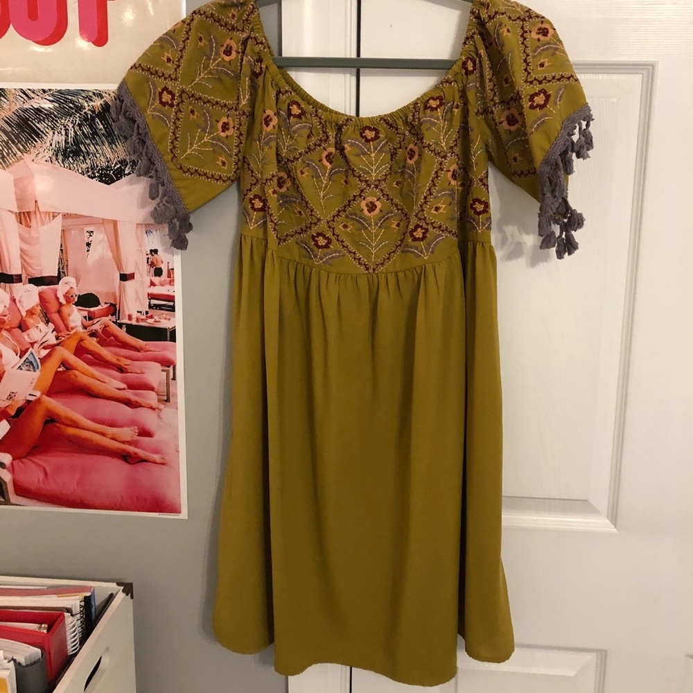 Mustard dress with floral embroidery